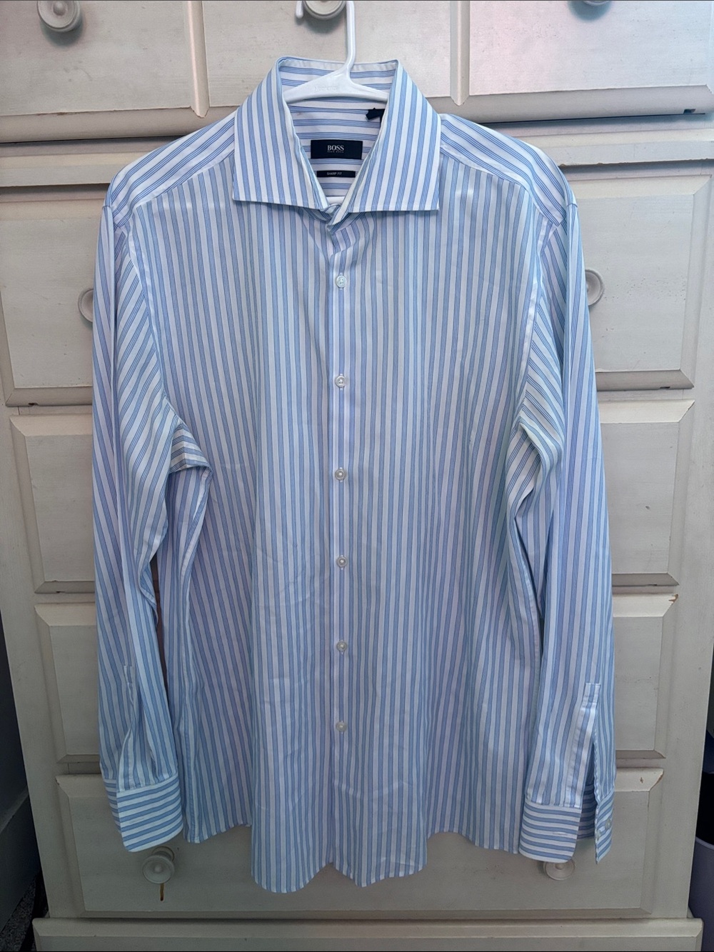 Boss Men's Light Blue and White Vertical Stripe Dress Shirt